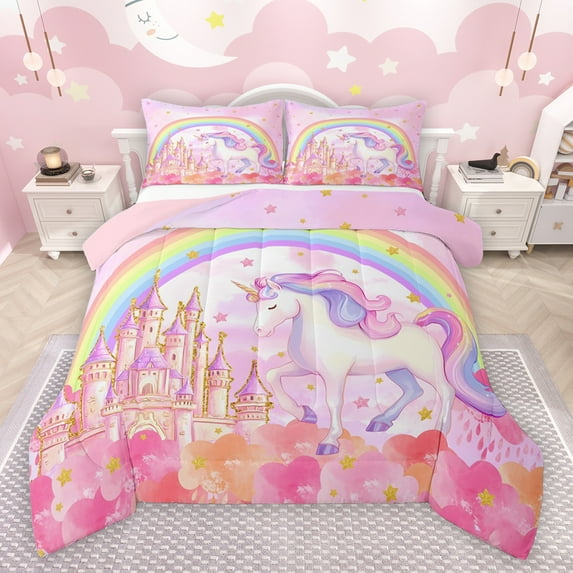 jejeloiu Kawaii Unicorn Bedding Comforter Set,Gold Stars Colorful Rainbow Twin Comforter Sets,Chic Dreamy Castle Bedding Set For Girl,Breathable Home Decor Reversible,2 Pieces