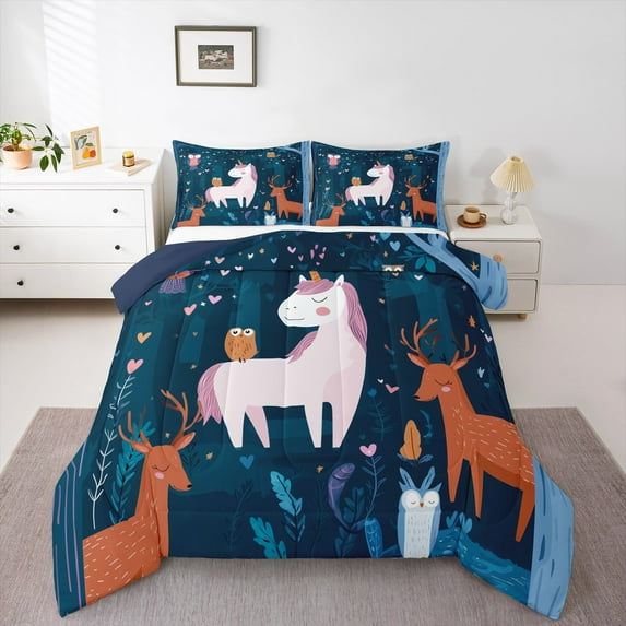 jejeloiu Kawaii Unicorn Bedding Comforter Set,Jungle Animal Deer Twin Comforter Sets,Deepgreen Tropical Plant Bedding Set For Boys Girl,Super Cozy Room Decor Reversible,2 Pieces