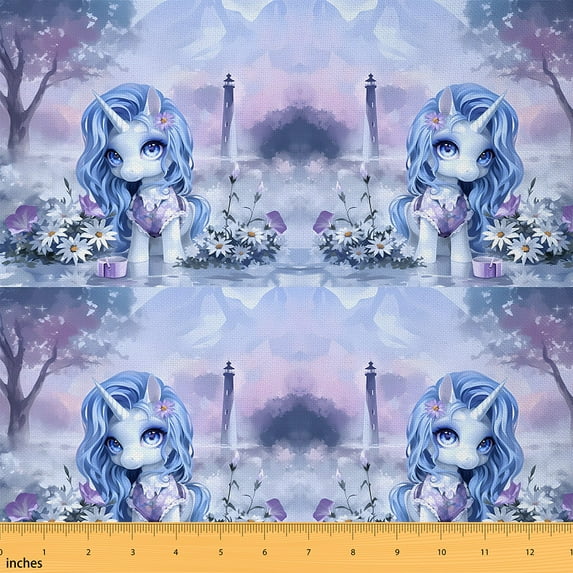jejeloiu Kawaii Unicorn Fabric by the Yard 10 Yards,Rustic Flower Daisy Room Decor Fabric by the Yard,Purple Blue Pink Sewing Fabric For Girls,Breathable Room Decoration
