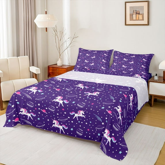 jejeloiu Kawaii Unicorn Full Size Sheets,Cute Planet Stars Bed Sheets,Purple Pink White Sheet Sets For Girls,Microfiber Bedroom Decor,4pcs