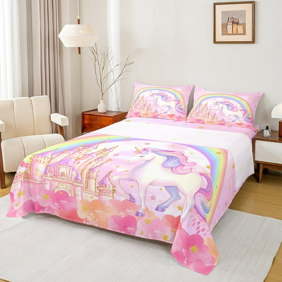 jejeloiu Kawaii Unicorn Full Size Sheets,Gold Stars Colorful Rainbow Bed Sheets,Chic Dreamy Castle Sheet Sets For Girl,Breathable Home Decor,4pcs