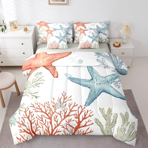 jejeloiu Kawaii Watercolor Coral Bedding Comforter Set 7 Pieces,Underocean Animal Full Bedding Set,Multicolor Starfish Fitted Sheet Flat Sheet For Children,Luxury Bedroom Decor Reversible