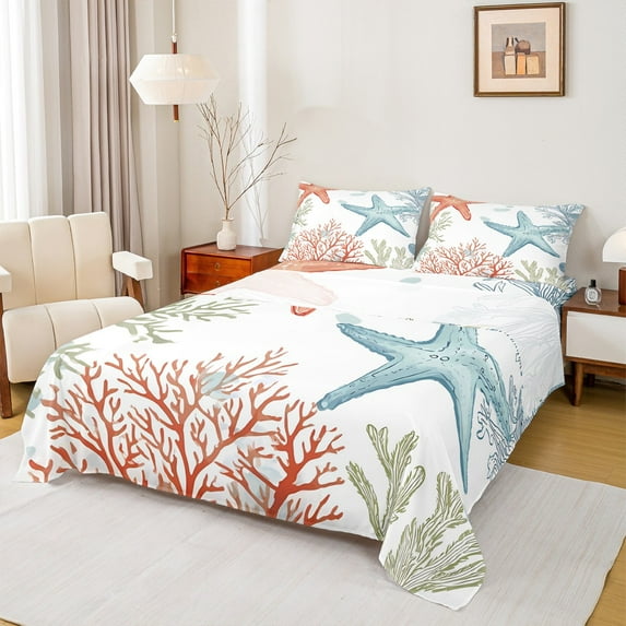 jejeloiu Kawaii Watercolor Coral Full Size Sheets,Underocean Animal Bed Sheets,Multicolor Starfish Sheet Sets For Children,Luxury Bedroom Decor,4-Piece