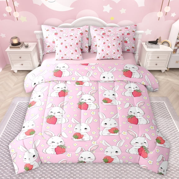 jejeloiu Kawaii White Rabbit 7-Piece Twin Bedding Sets,Res Sweet Strawberry Bedding Comforter Set,Cute Flowers Blossom Sheet Sets For Girls,Ultra Soft Home Decor Reversible