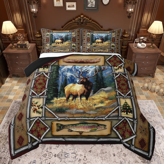 jejeloiu Kawaii Wild Deer Queen Comforter Set,Rustic Pike Fish Bedding Sets,Fishing Hunting Theme Bedding Comforter Set For Boys Kids,Breathable Home Decor Reversible,3pcs