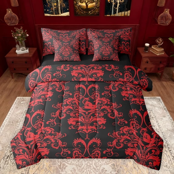 jejeloiu Kawaii Wild Fox 7pcs Bedding Comforter Set,Bohemian Damask Flowers Queen Bedding Sets,Red Baroque Flower Queen Sheet Sets For Men Women,Luxury Bedroom Decor Reversible