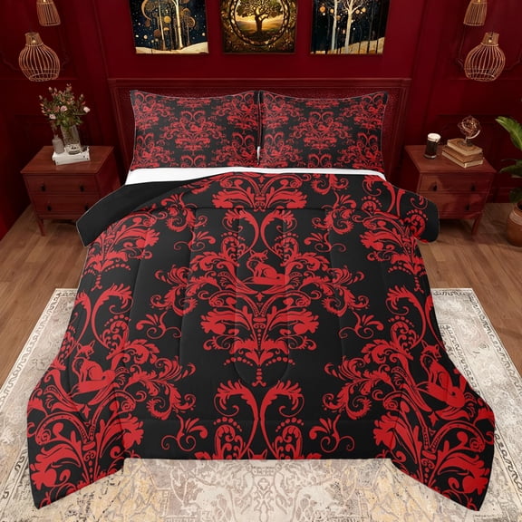 jejeloiu Kawaii Wild Fox Queen Comforter Set,Bohemian Damask Flowers Bedding Sets,Red Baroque Flower Bedding Comforter Set For Men Women,Luxury Bedroom Decor Reversible,3pcs