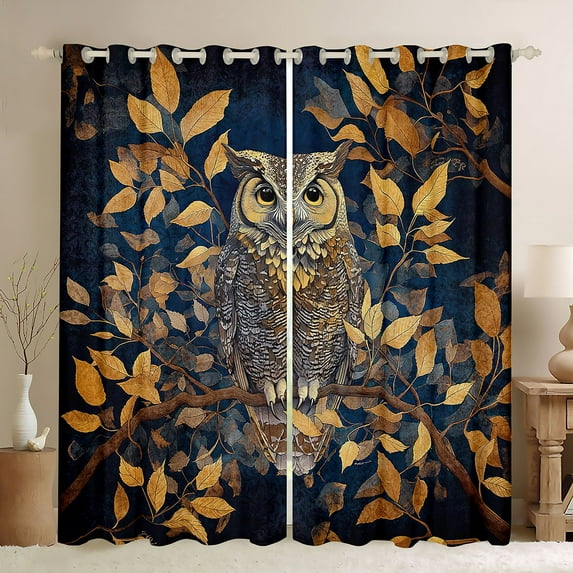 jejeloiu Kawaii Wild Owl Curtains Pack of 2 (42x84 Each),Rustic Fall Leaves Curtains Blackout,Brown Black Bedroom Curtains For Kids,Super Cozy Room Decor