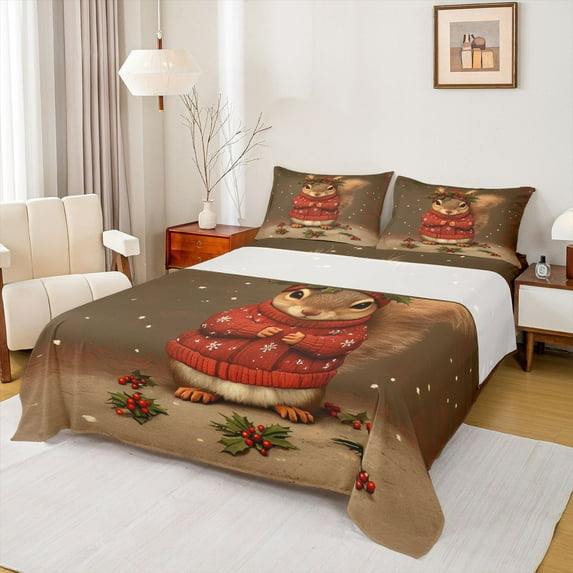 jejeloiu Kawaii Wild Squirrel Twin Sheet Sets,Rustic Christmas Flower Twin Fitted Sheet,Red Berry Flat Sheet For Girl,Ultra Soft Home Decor,3-Piece