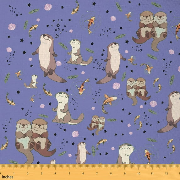jejeloiu Kawaii Wildlife Otters Fabric by the Yard 10 Yards,Rustic Goldfish Flower Room Decor Fabric by the Yard,Brown Purple Sewing Fabric For Girls Teens,Breathable Home Decor