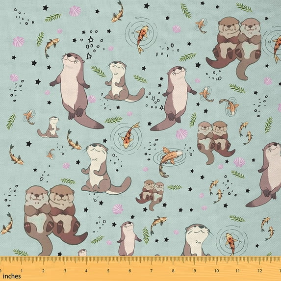 jejeloiu Kawaii Wildlife Otters Fabric by the Yard 10 Yards,Rustic Goldfish Flower Room Decor Fabric by the Yard,Brown Teal Sewing Fabric For Girls Teens,Breathable Home Decor