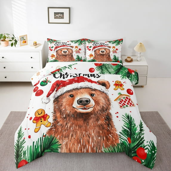 jejeloiu Kawaii Xmas Bear Bedding Comforter Set,Cute Cartoon Gingerbread Man Twin Comforter Sets,Happy New Year Bedding Set For Kids Girl,Super Cozy Room Decor Reversible,2-Piece
