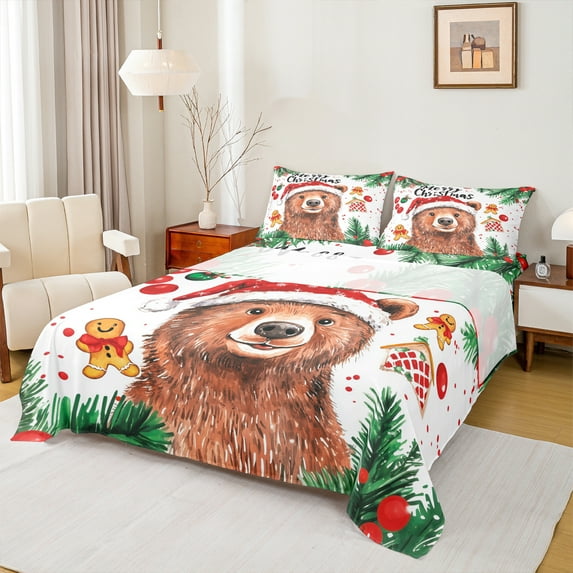 jejeloiu Kawaii Xmas Bear Twin Sheet Sets,Cute Cartoon Gingerbread Man Twin Fitted Sheet,Happy New Year Flat Sheet For Kids Girl,Super Cozy Room Decor,3-Piece