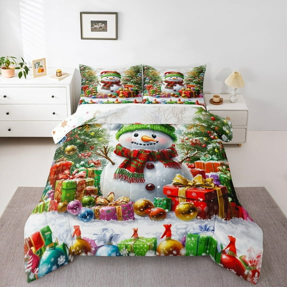 jejeloiu Kawaii Xmas Snowman Queen Comforter Set,Colorful Christmas Gifts Bedding Sets,Rainbow Holiday Ball Bedding Comforter Set For Girl,Breathable Home Decor Reversible,3-Piece