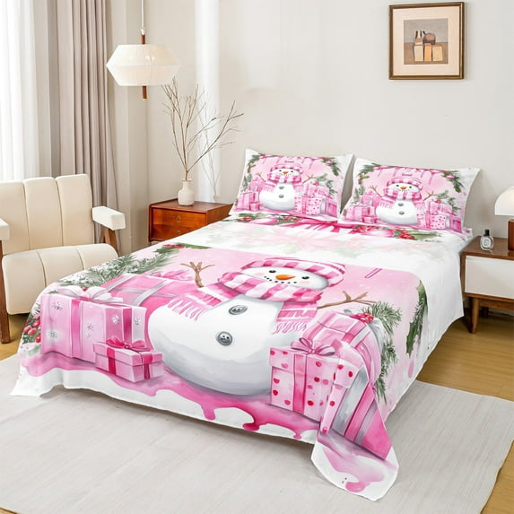 jejeloiu Kawaii Xmas Snowman Twin Sheet Sets,Kida Christmas Gifts Twin Fitted Sheet,Red Bowtie Bow Knot Flat Sheet For Princess,Luxury Bedroom Decor,3-Piece