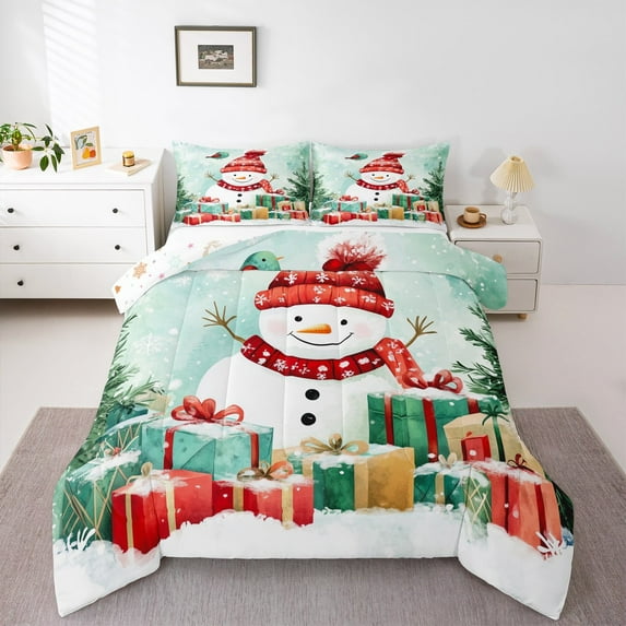 jejeloiu Kawaii Xmas Snowmen Bedding Comforter Set,Merry Christmas Gifts Twin Comforter Sets,Happy New Year Bedding Set For Teens,Lightweight Room Decor Reversible,2pcs