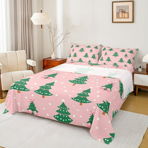 jejeloiu Kawaii Xmas Tree Twin Sheet Sets,Christmas Theme Twin Fitted Sheet,Happy New Year Flat Sheet For Girls Teens,Microfiber Bedroom Decor,3 Pieces