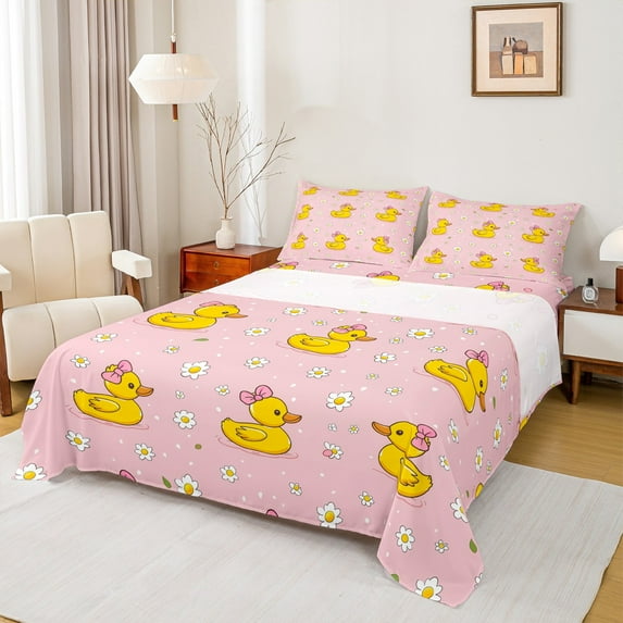 jejeloiu Kawaii Yellow Duck Bed Sheets,Cartoon Daisy Flower King Sheets,Pink Yellow Sheet Set For Girl Kids,Luxury Bedroom Decor,4-Piece