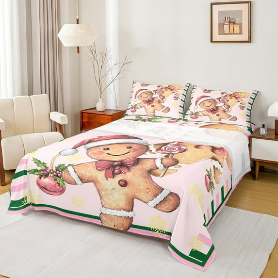 jejeloiu Khaki Snowmen Biscuit Twin Sheet Sets,Merry Christmas Dessert Twin Fitted Sheet,Pink Xmas Ball Flat Sheet For Children,Super Cozy Room Decor,3 Pieces