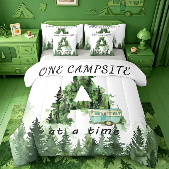 jejeloiu Kids Camper 7-Piece Twin Bedding Sets For Boys,Green A Alphabet Bedding Comforter Set For Camping Lovers,Light Gray Reversible