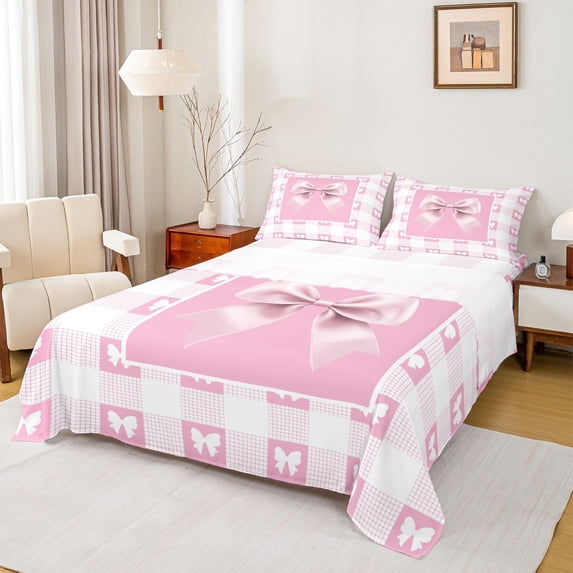 jejeloiu Kids Cartoon Bowknot Bed Sheets,Pink Kawaii Bowtie King Sheets For Girl 4pcs