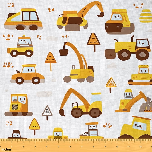 jejeloiu Kids Cartoon Car Fabric by the Yard 3 Yards, Construction Vehicles Sewing Fabric, Truck Tractor Excavator Fabric for Sewing