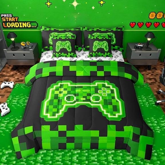 jejeloiu Kids Gamepad Controller 7-Piece Twin Bedding Sets,Game Cartoon Console Bedding Comforter Set For Boys Men Reversible