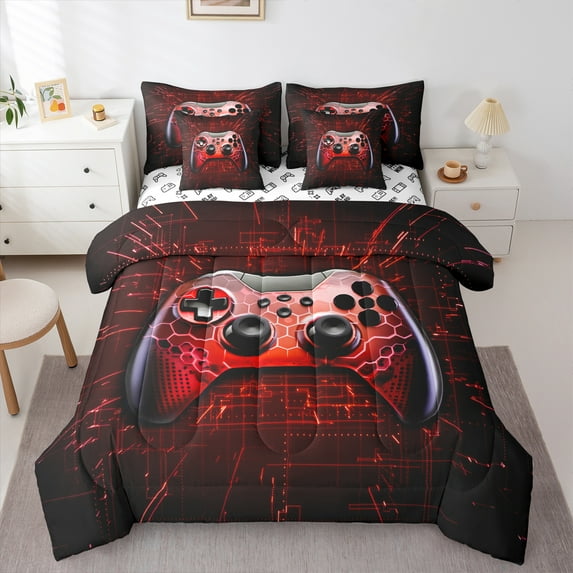 jejeloiu Kids Gamepad Controller 7-Piece Twin Bedding Sets,Teen Video Game Bedding Comforter Set,Red Gamepad Sheet Sets For Boys Girls,Super Cozy Bedroom Decoration Reversible