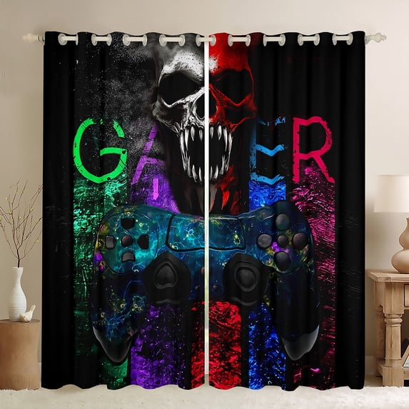 jejeloiu Kids Gamepad Controller Curtains Pack of 2 (42x84 Each),Gamer Gaming Curtains Blackout,Spooky Skull Bedroom Curtains For Adults,Ultra Soft Home Decor