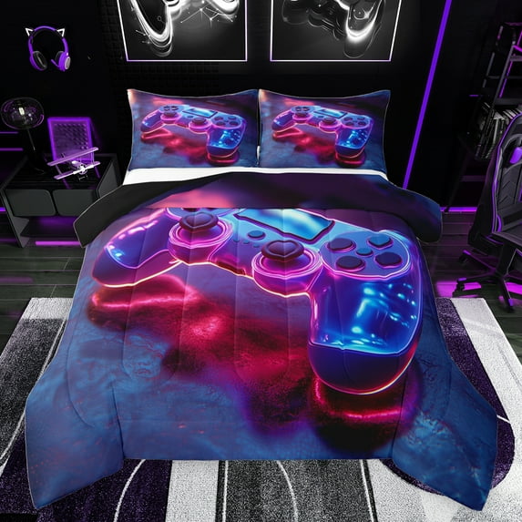 jejeloiu Kids Gamepad Controller Queen Comforter Set,Gamer Gaming Bedding Sets,Neon Blue Pink Bedding Comforter Set For Adults,Ultra Soft Home Decor Reversible,3 Pieces