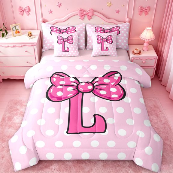 jejeloiu Kids Personalized Initial L 7pcs Bedding Comforter Set,Dreamy Princess Bow Queen Bedding Sets For Bow tie Lovers,Pink Reversible