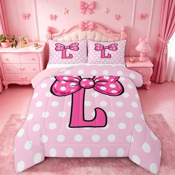 jejeloiu Kids Personalized Initial L Queen Comforter Set,Dreamy Princess Bow Bedding Comforter Set For Bow tie Lovers,Pink Reversible,3pcs