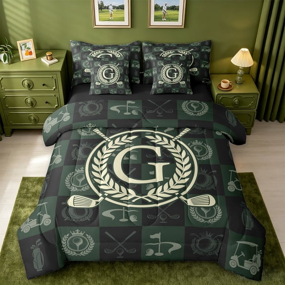 jejeloiu Kids Personalized Monogram G 7pcs Bedding Comforter Set For Kids,Boys Golf Games Sport Theme Queen Bedding Sets,Black Reversible