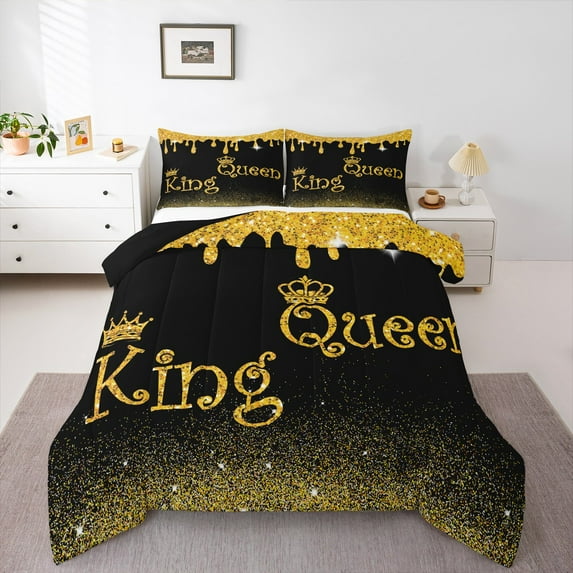 jejeloiu King And Queen Bedding Comforter Set,Gold Glitter Print Twin Comforter Sets,Princess Crown Bedding Set For Girls Child,Lightweight Room Decor Reversible,2 Pieces
