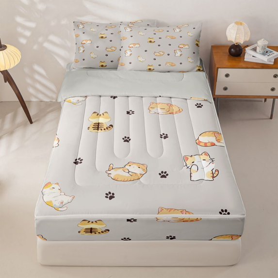 jejeloiu Kitten Paw Print Pattern Zipper Twin Comforter Sets with Fitted Sheet and 2 Pillowcases Kids,Beige Cute Pet Print Zipper Bedding Set,Reversible,4 Pieces