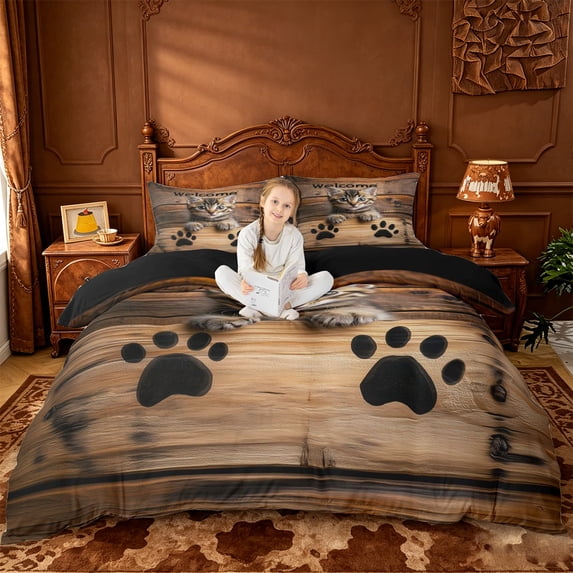 jejeloiu Kitten Welcome Wood Sign Duvet Cover Set Kids,Farmhouse Cat Print Bedding Full,Reversible,3 Pieces(No Comforter)