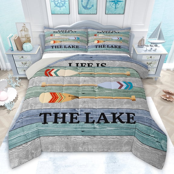 jejeloiu Lake Camping Cabin Twin Comforter Sets,Gray Blue Green Bedding Set For Kids Reversible 2-Piece
