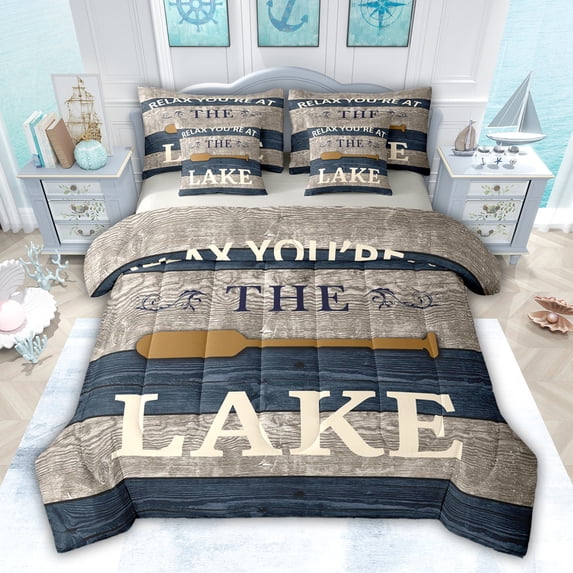 jejeloiu Lake Games 7pcs Bedding Comforter Set,Brown Paddle Print Queen Bedding Sets For Camping Lover Reversible