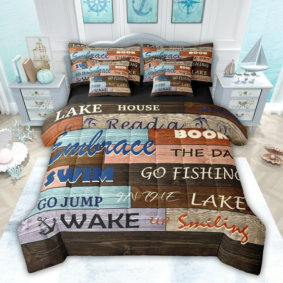 jejeloiu Lake House 7-Piece Bedding Comforter Set,Colorful Patchwork Wooden Plank King Bedding Sets For Boys Girls Reversible