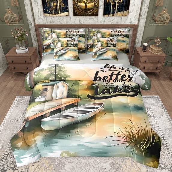 jejeloiu Lake House 7pcs Bedding Comforter Set,Rustic Farmhouse Cabin Queen Bedding Sets,Old Barn Door Queen Sheet Sets For Men Women,Luxury Bedroom Decor Reversible