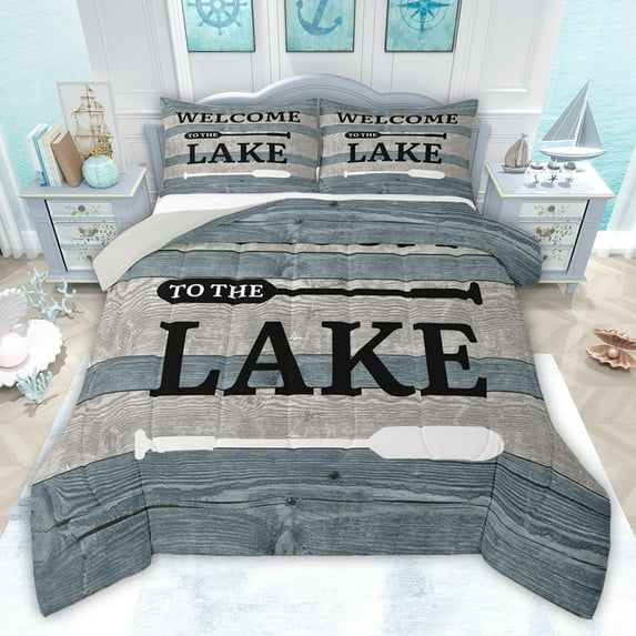 jejeloiu Lake House Full Size Comforter Sets,Retro Paddle Pattern Bedding Sets For Boys Teens Reversible 3pcs