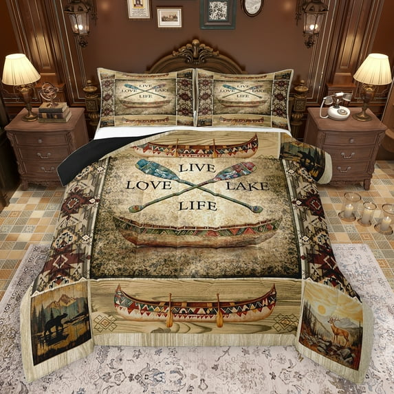 jejeloiu Lake House Queen Comforter Set,Rustic Bohemian Style Bedding Sets,Brown Beige Bedding Comforter Set For Boys Teens,Luxury Bedroom Decor Reversible,3pcs