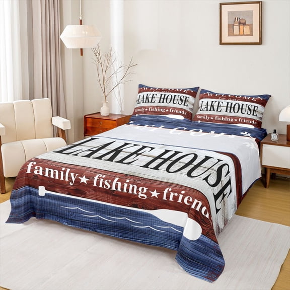 jejeloiu Lake Life Twin Sheet Sets,Gray Red Blue Bedding For Boys Kids 3-Piece