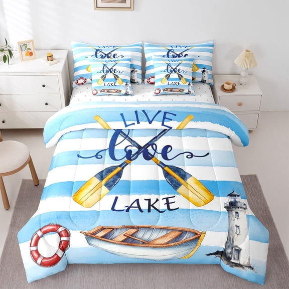jejeloiu Lake Theme Bedding Comforter Set 7-Piece,Blue Lighthouse Paddle King Bedding Sets,Cute Cartoon Watercolor Bed Sheets For Children,Lightweight Room Decor Reversible