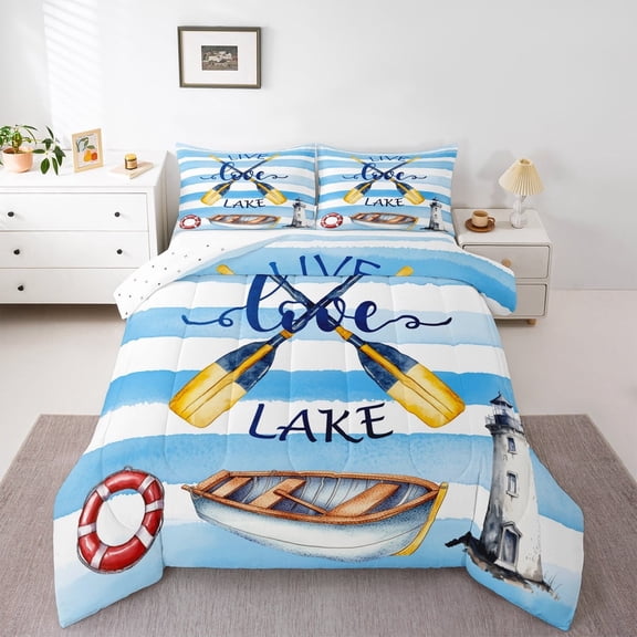 jejeloiu Lake Theme Bedding Comforter Set,Blue Lighthouse Paddle Twin Comforter Sets,Cute Cartoon Watercolor Bedding Set For Children,Lightweight Room Decor Reversible,2 Pieces