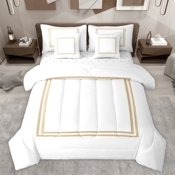 jejeloiu Lbrown White 7 Pieces Bedding Comforter Set,Abstract Geometric Suqare Box Full Bedding Set,Stripe Line Print Fitted Sheet Flat Sheet For Teens,Microfiber Bedroom Decor Reversible