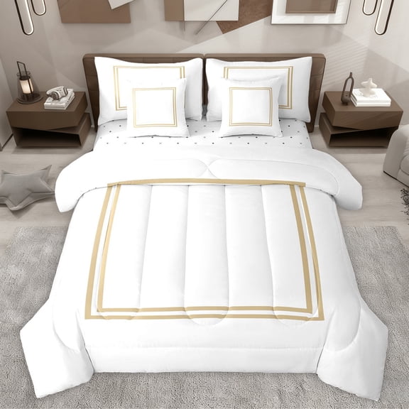 jejeloiu Lbrown White 7pcs Bedding Comforter Set,Abstract Geometric Suqare Box Queen Bedding Sets,Stripe Line Print Queen Sheet Sets For Teens,Microfiber Bedroom Decor Reversible