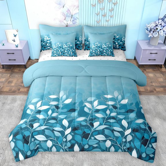 jejeloiu Leaf Artwork 7-Piece Twin Bedding Sets,Abstract Ink Painting Bedding Comforter Set,White Blue Sheet Sets For Girls Boys,Super Cozy Room Decor Reversible