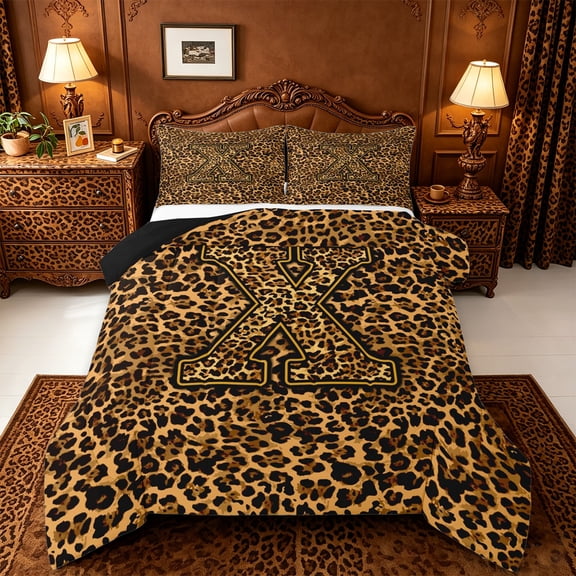 jejeloiu Leopard Animal Monogram X Full Size Comforter Sets For Kids,Classic Print Letter Design Bedding Sets,Black Reversible,3pcs