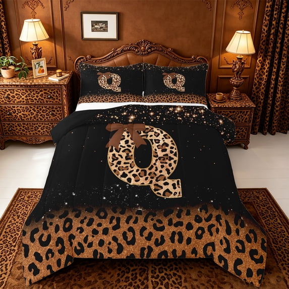jejeloiu Leopard Bow tie Monogram Q Full Size Comforter Sets For Girls,Brown Sparkling Pattern Letter Design Bedding Sets,Black Reversible,3pcs
